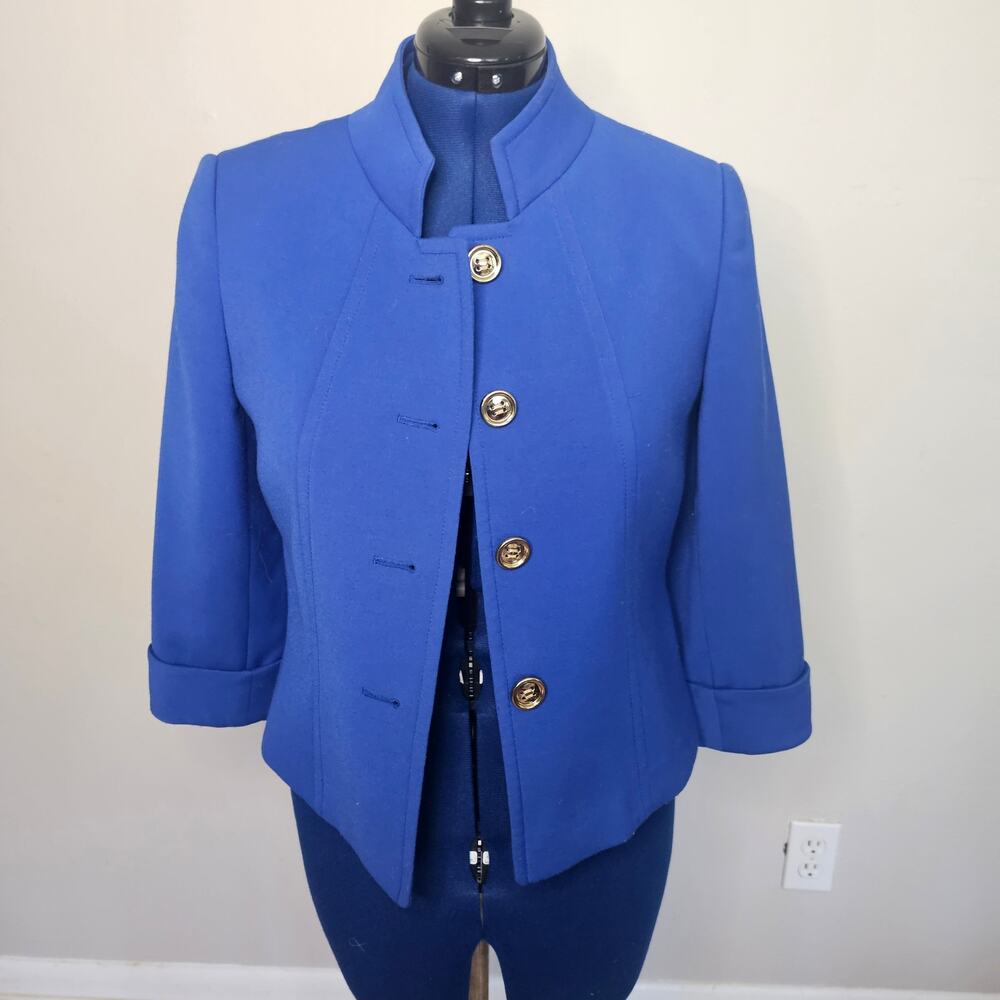 Tahari Arthur S Levine Blue Cropped Jacket Blazer Size 8 Structured Career